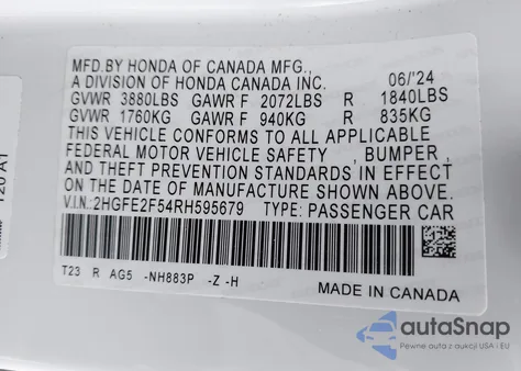 2024 Honda Civic Sport z USA, uszkodzony, nr VIN 2HGFE2F54RH595679